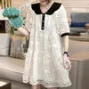 Casual Dresses Sweet Peter Pan Collar Chic Button Midi Dresses Women's Clothing Casual Loose Spliced Summer Puff Sleeve Commute Chiffon Dress 230323