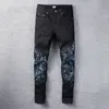 Vandring byxa rippad broderi män jeans hip hop high street varumärke pantalones vaqueros hombre motorcykel nära designer montering smal penna