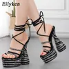 Nya Crystal Chunky klackar Sandaler Fashion Peep Toe Ankle Cross Lace-Up Platform Women Stripper Shoes 230306