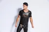 Men's T Shirts Sexy Men Patchwork Mesh Club PU Faux Leather Fad T-Shirt Punk V-neck Shiny Couple Cool Night Tight Plus Size Gay Wear