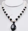 Łańcuchy 7-8 mm naturalny biały Akoya Pearl/Black Rich Agate Wisiant (20 x 30 mm) Naszyjnik 18 ”