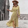 Casual Dresses Ladies Elegant Long Bandage Floral Print Dress Women 2023 Autumn Winter V Neck Full Sleeve Hight Midje Maxi