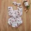 Rompers 024m Born Baby Girl Romper White Pink Flower Print Romper For Born Girls Jumpsuit pannband outfit Toddler spädbarn Sunsuit 230322