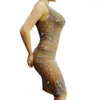 Stage Wear Sparkly Strass Sans manches Dos nu Femmes Robes Mesh Transparent Skinny Stretch Robe courte Discothèque Dancer