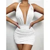 Casual Dresses Summer Sexy Halter Ruched Mini Dress Hollow Out Backless Short Club Party Tight Evening Bodycon For Women Clubwear D070