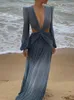 Kvinnors badkläder sexig V-ringning rygglös ihålig klänning Summer Women Lantern Sleeve Club Party Long Maxi Dresses Tunic Beach Cover Up A916 230322