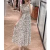 Casual Jurken Kuzuwata Japanse Zoete Trekkoord Slanke Taille Jurk Lente Bloemenprint Chiffon Gewaad Femme O Hals Lange Mouwloze vestido 230323