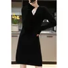 Casual Dresses Womens Elegant Cashmere Sweater Dresses 100% Merino Wool Sexig V-Neck Casual Sticked Kjol Fall Winter Ladies Black Dress Clothes 230323