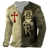 Men's T-Shirts Vintage Men's Cotton T-Shirts Knights Templar Print 3D T Shirts Summer Oversized Tops Long Sleeve Tee Casual Button-Down Clothes 230323