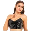 Kvinnors tankar Camis Womens Latex Patent Leather Crop Tops Ladies Gothic Metal Chain V Neck Zipper Back Fashion Corset Nightclub Dancing Costume 230322