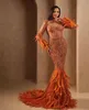 Sirena brillante Vestidos de noche Manga larga Cuello en V Apliques con cuentas Lentejuelas Tren de plumas de encaje 3D Hasta el suelo Vestidos de fiesta Vestidos formales Vestidos de talla grande Vestido de fiesta