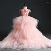 Vestidos de menina Flor destacável rosa para casamentos vestido de baile fora do ombro Tulle Primeira Comunhão Little Kids Baby