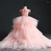 Abiti da ragazza Fiore staccabile rosa per matrimoni Abito da ballo con spalle scoperte Tulle Prima comunione Bambini piccoli