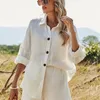 Kvinnors spårdräkter Summer Beach Leisure Button White Suit Cotton Linne Två bit långärmad skjorta Shorts Outfits 230323