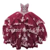 Burgundy Quinceanera Dress Bling Sequins Tulle Ball Gown Prom Sweet 16 Dresses Dark Red Gold Embroidered Applique Beaded Ruffle Skirt BC15529