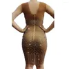 Stage Wear Sparkly Strass Sans manches Dos nu Femmes Robes Mesh Transparent Skinny Stretch Robe courte Discothèque Dancer