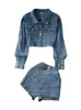 Kvinnors tvåbitar byxor DEAT Casual Set Lapel Långärmad Loose Denim Jacket Fake Twopiece High midje Slime Shorts 2023 Spring 11xx01021 230322