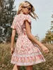 Casual Jurken Bohemen Bloemenprint Zomerjurk met Vlindermouwen Dames Casual V-hals Mini-jurk met Knopen Vrouwelijke Vintage Vakantie Feestjurk 230323