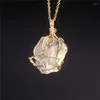 Pendant Necklaces Goldtone Plating Raw Rock Irregular Shape Stone Genuine Quartz Charm Necklace Steel Wire Wrapped