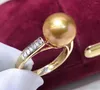 Pierścienie klastra D109 Perły Fine Jewelry 18K Gold Natural Ocean Sea Golden Peals 11-12 mm dla kobiet