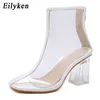 Sexy PVC Transparent Boots Round Toe Shoes Clear Chunky Heels Women Boots Sandals Zipper Mujer 230306