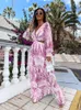 Frauen Tunika Beach Deckkleid 2023 Sommer V-Ausschnitt Rückenless hohles Laternenhülle Lange Kleiderinnen weibliche Clubparty Maxi Kleid