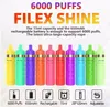 Authentic Filex Shine Disposable E cigarettes 6000 Puffs Vape Pen 650mAh Rechargeable Battery 15ml Mesh Coil Pre-filled Vaporizer AirFlow Pods Device max box air bar