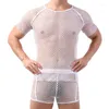メンズスリープウェアメッシュパースペクティブメンズTシャツセクシーな透明性の性格フィッシュネットホロー
