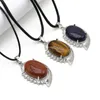 Pendant Necklaces Natural Stone Oval Wrapped Metal Alloy Necklace Agate Opal Leather Rope Chain Charm Women Jewelry