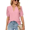 Women's T Shirts 2023 Summer Hollow Out V Neck T-Shirt Women Fashion Solid Color Puffy Sleeve Loose Tees Daily Casual Urban Commuter Tops