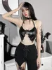 Dames Tanks Camis Goth Donker Faux Pu Bat Grunge Esthetische Emo Camis Mall Gothic Bandage Backless Crop Top Zomer Halter Alt Streetwear 230322