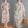 Casual Dresses Spring Summer Dress Embroidery Linen Cotton Print Floral Chinese Style Cheongsam Vintage Dress Women Casual Dress 230323