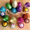 Favor de la fiesta Huevos de Pascua precargados con juguetes en el interior, huevos de Pascua de plástico pre relleno rellenos brillantes con coches de espalda de animales rellenos de huevos de Pascua Bnvpregtwd