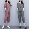 Jumpsuits de mujeres Rompers 2023 Summer 2pcs Plaid Vneck BlousePants Oficina Dos piezas Tops de moda casual y pantalones de longitud de anklelel