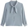 Chemisiers pour femmes printemps 2023 chemise en mousseline de soie bleu gris femmes blanc à manches longues rétro vêtements corée hauts pour dames et femme élégante 2751