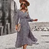 Casual Dresses Ladies Elegant Long Bandage Floral Print Dress Women 2023 Autumn Winter V Neck Full Sleeve Hight Midje Maxi