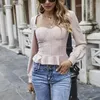 Women's Blouses 2023 Fashion Woman Square Neck T-Shirt Top Slim Fit Korte driedimensionale borst strakke lange mouwen shirt vrouwen