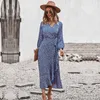 Casual Dresses Ladies Elegant Long Bandage Floral Print Dress Women 2023 Autumn Winter V Neck Full Sleeve Hight Midje Maxi