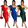 Mix 4 Colors One Shoulder Evening Gown Sexy Dew Backpack Hip Low-Cut Dress Mid-Length S-XXL