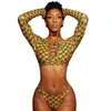 Dames badmode sexy dames zwempak veter op lange mouw crop top en hoge taille trunks tweedelige set v-neck printing zwempak