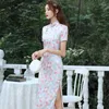 민족 의류 슬림 빈티지 하이 포크 여성 Qipao 실크 새틴 중국 전통 만다린 칼라 우아한 숙녀 긴 저녁 파티