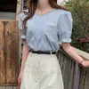 Women's Blouses Pleated Tops And Summer Girls Solid Color Flare Sleeve Chic Korean Fashion Shirts Blue Cute Women Top Blusas