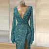 Party Dresses Glitter Green Evening Dress Deep V Neck Long Sleeves Sequins Side Split Custom Made Floor Length Prom Gowns