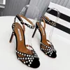 Aquazzura Rhinestones Tequila 105 Sandal PVC 힐 스틸레토 힐 크로스 오픈 발가락 여성의 고급 가죽 아웃솔 이브닝 파티 신발 10cm 공장 신발