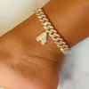 Anklets 14MM Crystal Letter Cuban Link Chain Women's Gold/Silver Color 2 Row Rhinestone Paved DIY Initial Ankle Bracelet Jewelry