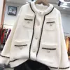 Chaquetas de mujer Elegantes Cárdigans peludos de un solo pecho Oficina Señora O-cuello Diamante Suelto Moda Abrigos de punto Mujeres urbanas Chic Cálido