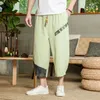 Calça masculina linho de algodão japonês harem verão respirável cortada para fitness de cintura elástica casual 230324