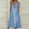 Casual Dresses Blue Denim Dress For Women Sexy V Neck Sleeveless A-ine Summer Loose Knee-length Jeans Beach Robe Femme