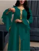 Ethnic Clothing Abaya Dress Jalabiya for Women Fashion Flare Sleeve Ribbon Muslim Loose Robe Kafatan Moroco Arabic Blue White 230324