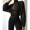 Women's Blouses 2023 Women Gauze Mesh Net Blouse Sexy Sheer See-through Long Sleeve Shirts Ladies Black Shirt Hollow Backless Tops